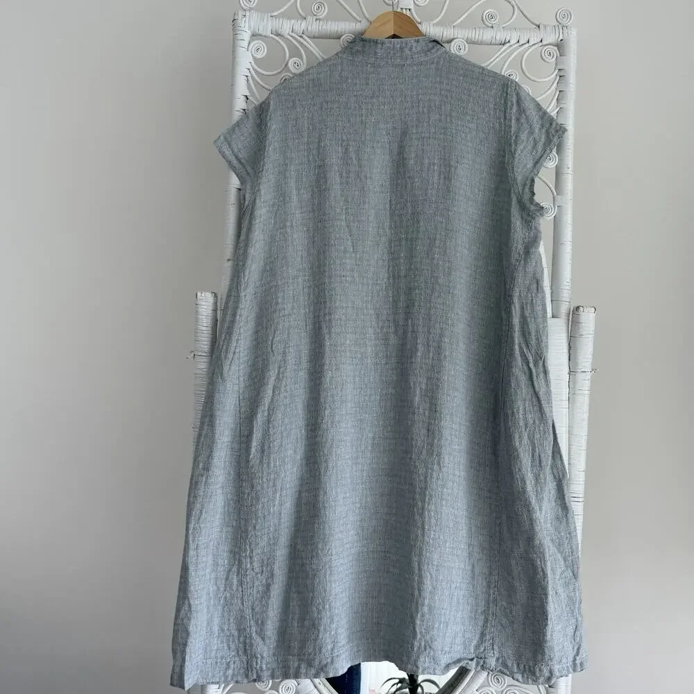 Artemesia Linen Collar Dress Large Gray Textured Crinkle Popover Pockets Midi - Picture 4 of 6